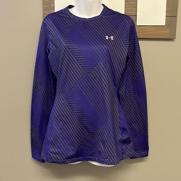 Under Armour Women’s Purple/Gray HeatGear Long Sleeve Striped Pullover-large - Picture 1 of 16